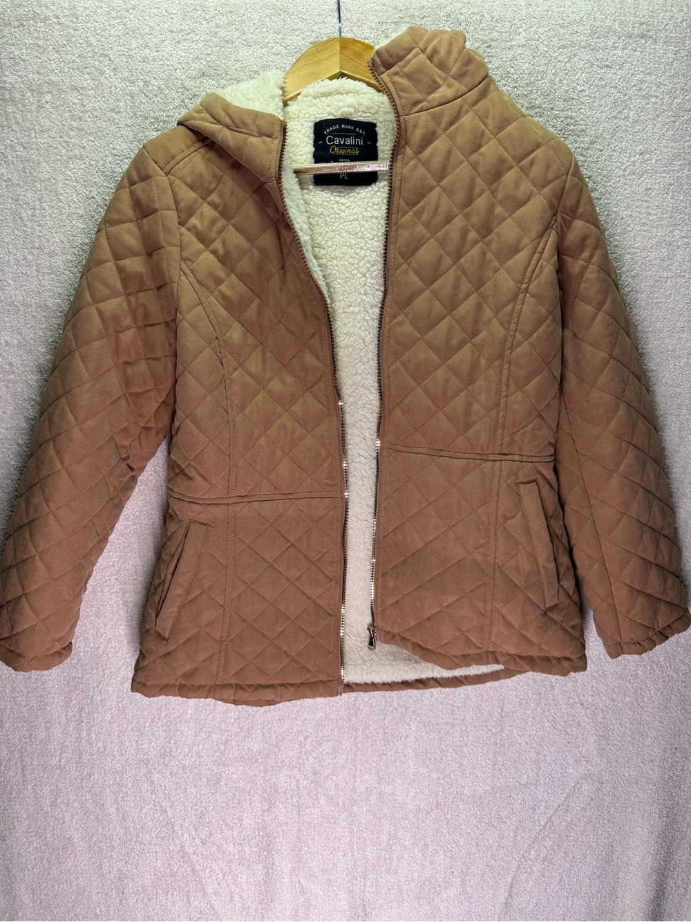 Cavalini Women's Puffer Jacket Petite Large Brown Sherpa Lined Hooded Quilted